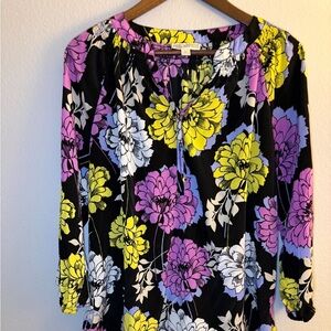 Dana Buchman Black Blouse with Yellow and Pink Floral Design